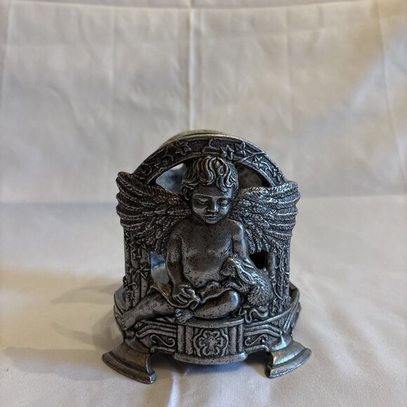 Carson 1999 Pewter Round Candle Holder Cherub Angel Bunny Rabbit Ivy 5 X 4.5 In - Picture 2 of 12